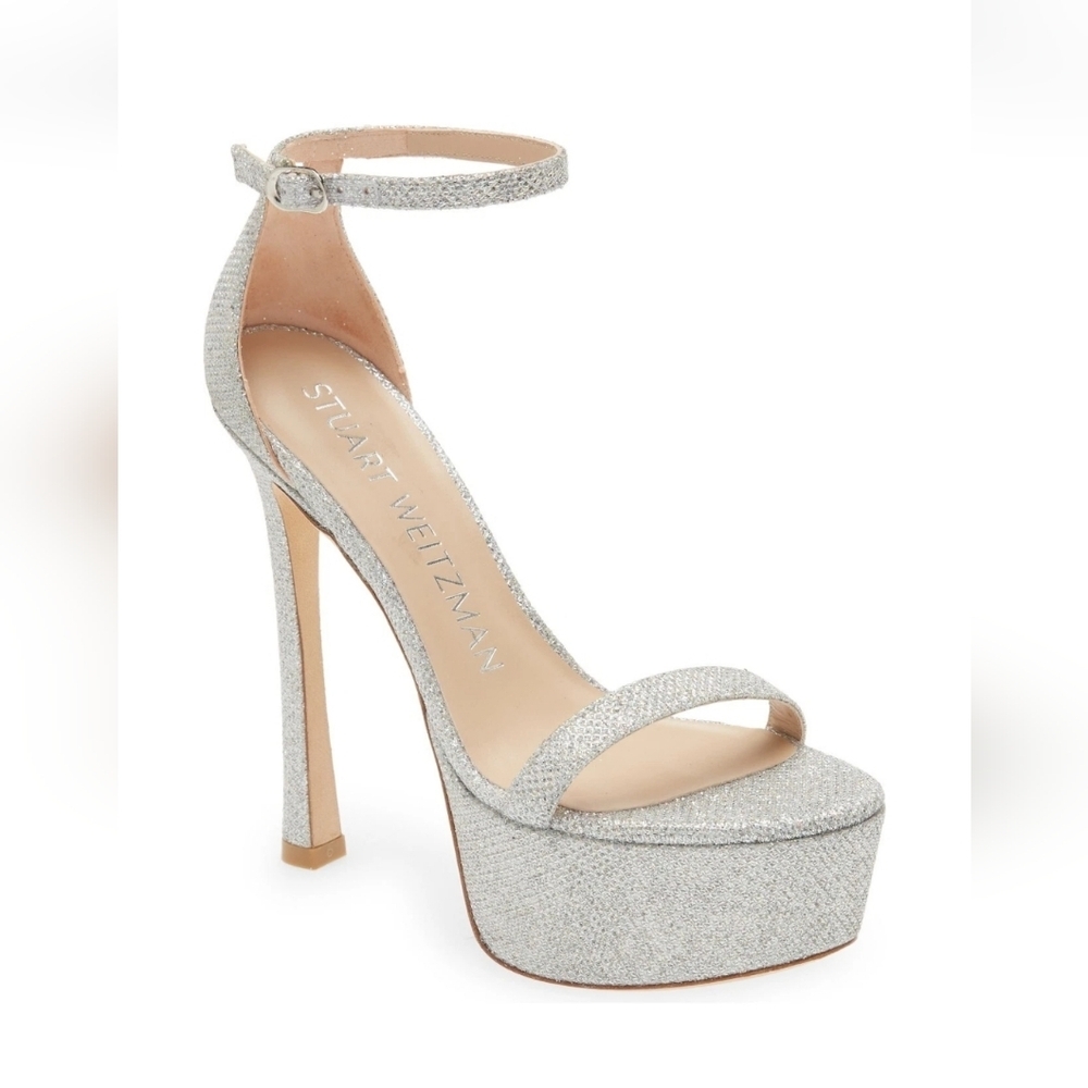 Stuart Weitzman Sparkling Silver Holographic Glitter Platform Heels Size 9.5